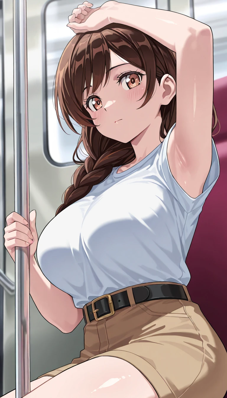 Slender and sexy woman,Black thigh-high boots,Beige jean shorts,in the train,Molester,Put your hands behind your back,Creampie,Folded ponytail,semen,profile,Restrained by rope,