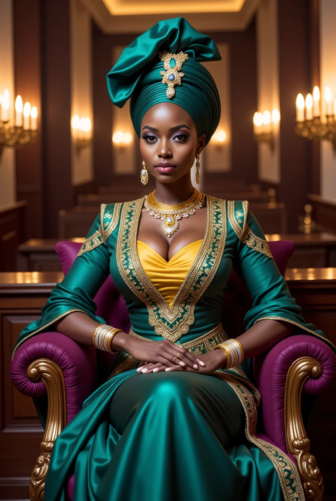 there is an charming and aggressive African-American woman from the Bronx with long cerulean wavy hair sitting in a chair with her elegant legs crossed, wearing thick chunky ornate stacked diamond necklaces, dressed in a luxurious robe sitting on her throne, ekaterina, wearing expensive luxury black-colored-with-red-bottom heels with perfect pedicured toenails with pretty perfect feet, tattooed arms and legs, large clay vases holding tall cannabis sativa plants, Egyptian revival master bedroom