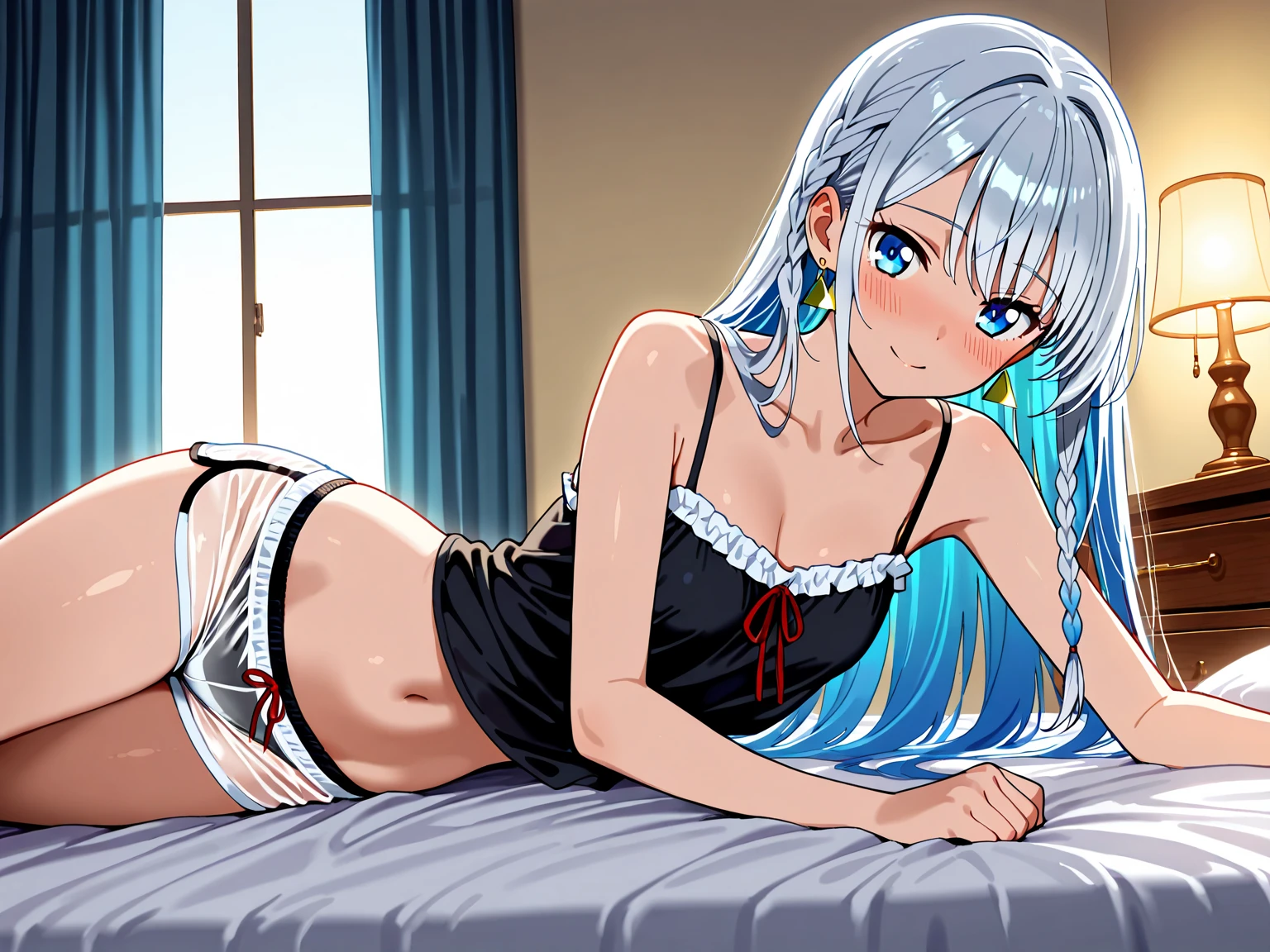 1_girl, Long white hair, Blue Eyes, Small breasts, Sexy pose wearing white, cushion, Lots of light, On all fours、riding a man&#39;s body、White liquid on the face、Pose of jumping on man&#39;s face、Stick your butt out、I can see the nipples、
