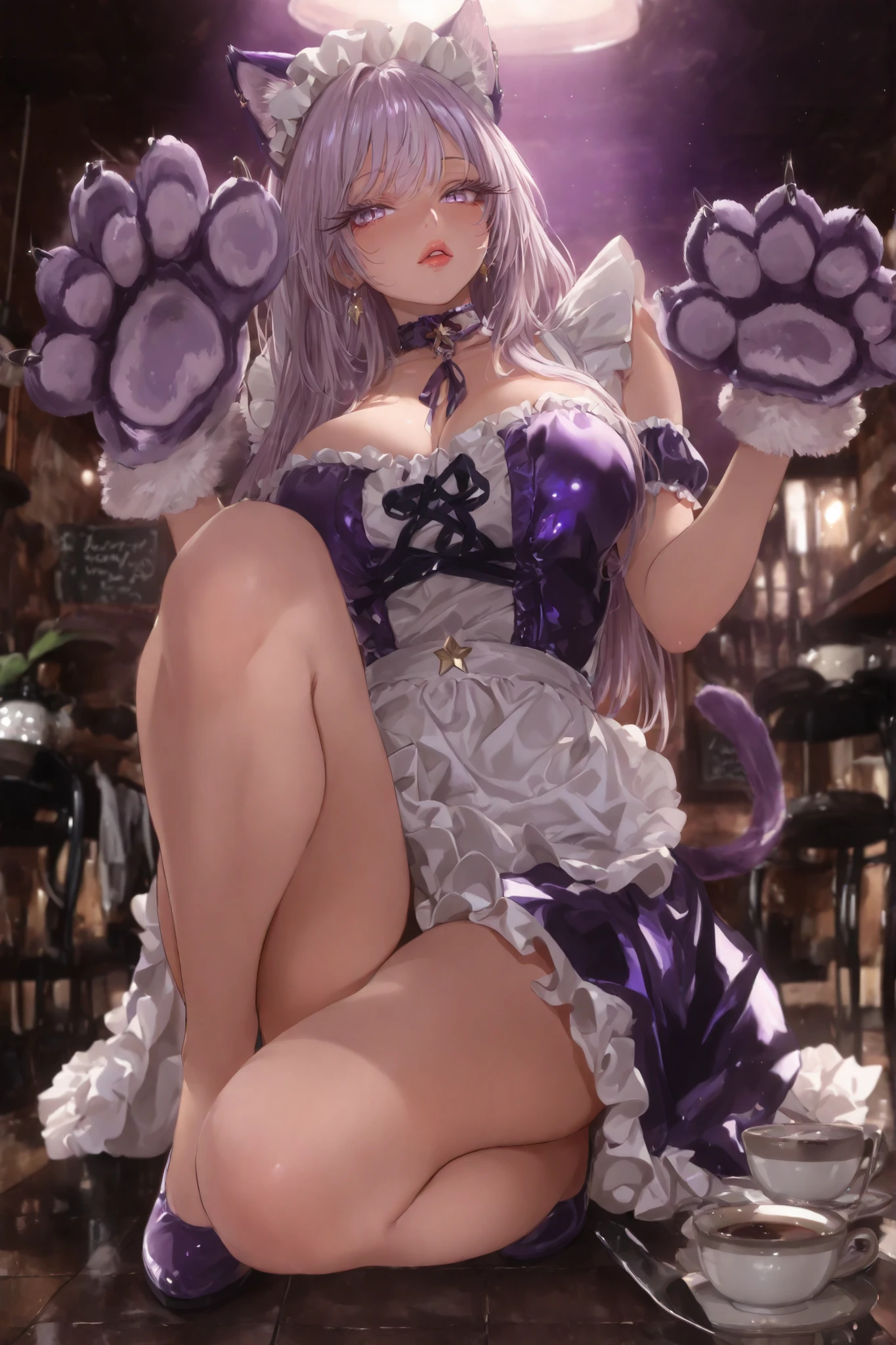 (tmasterpiece, quality, Best quality at best, offcial art, Beautiful and beautiful:1.2)white color hair,pigtails,showing belly,plumw,The waist is very thin,Thigh fleshy,large tities,The details were perfect,Pink tights,(onesie),White suspender stockings,Purple eye,(Sit down position)(Leg lift position)(There is a tail behind him)(Cat ear headphonelush 1.5)(mouth drool)(eyes half closed)(Many ribbons all over the body)(Crotch Spread Wide)(See the soles of your feet)(痴女)
