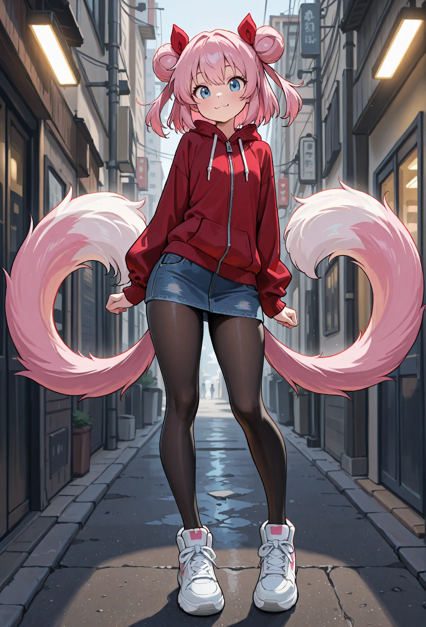 NSFW, solo, kemono, female, pink hair, red eyes, wear white hoodie, no underwear, wear black glasses, pussy, wear bell collar, blushes, look at camera, grabbing phone, stand on high building, background, tall building in city, high details, day time
