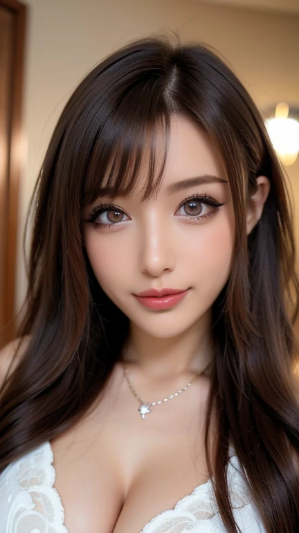 beautiful girl, brown eyes, beautiful slim teenage girl 18 year old woman, hair color [Brown highlights hair], [undercut pixie] hair, earrings, lips, realistic, narrow waist, charming, pink lipstick, colorful makeup, long eyelashes, earrings, fair skin, (cute), (detailed face), detailed eyes, detailed iris, (large breasts:1.2), minidress