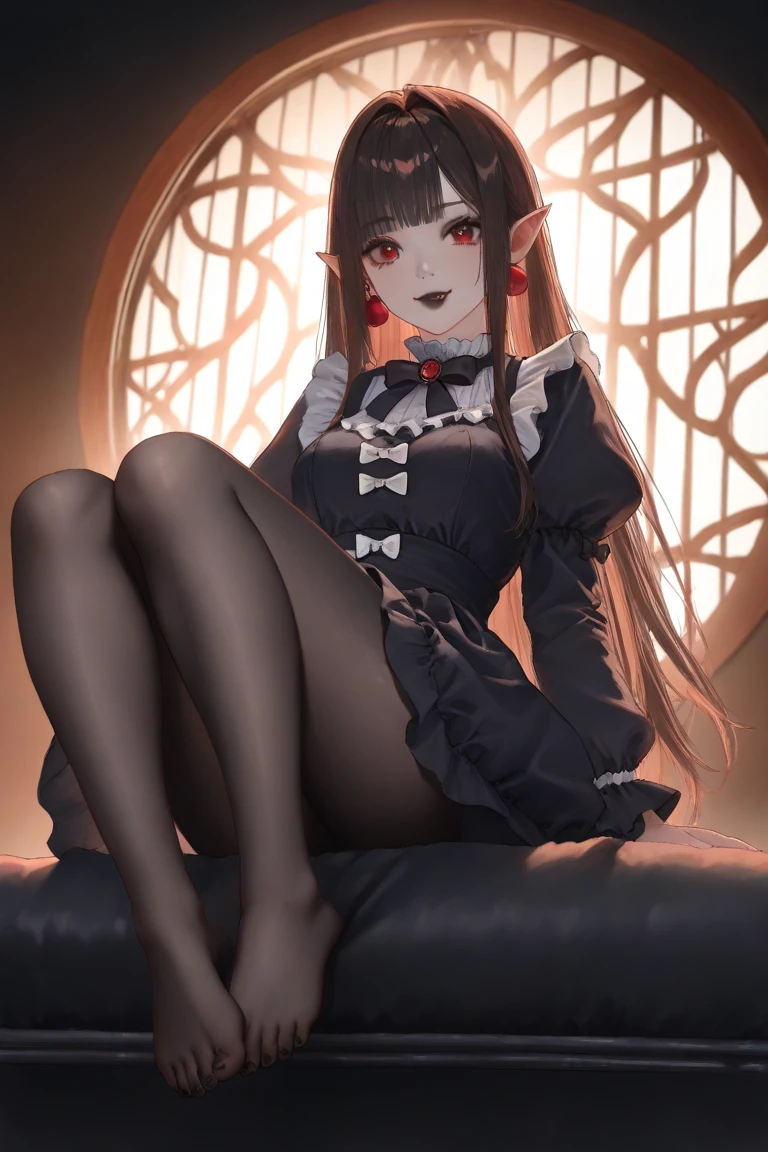 1girl, demon, long hair, black hair, hime cut, horns, pointy ears, blue eyes, necktie, short dress, long sleeves, puffy sleeves, frills, rose, Striped Thighhighs, toeless legwear, sitting, indoors, mansion, crossed legs, couch, gothic, evil smile, smug, feet focus score_9, score_8_up, score_7_up, score_6_up, score_5_up, score_4_up, BREAK source_anime, masterpiece
