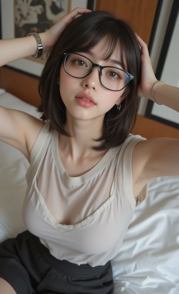 8K, top-quality, masterpiece, realisitic, Photorealsitic, ultra-detailliert, ((You can see the night view from the window)), hotels room, well-shaped breasts, I can see the cleavage, 1 persons, 35-year-old woman, Dark hair, Facing the front, bobhair, straight haired, Floating hair, Silver-rimmed glasses, (Look at viewers), Pendants, White knitted dress, extremely detailed face and skin, A detailed eye, extremely detailed face and skin, Arms Down, Breasts squeezed together