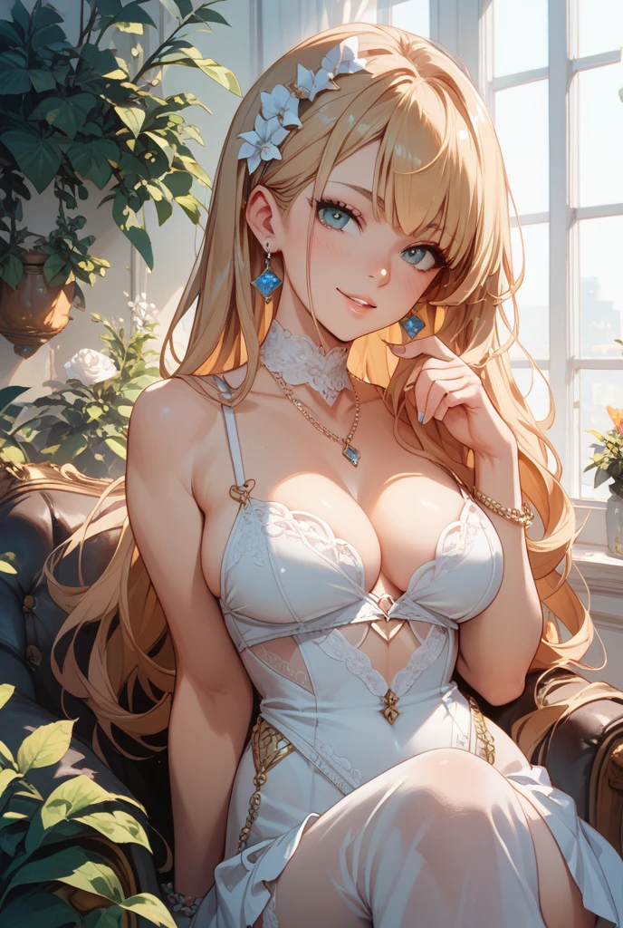 Elegant and mature woman, , Long blond hair, blue eyes, Soft Light, High Detail, 4K resolution, high quality，Extremely cute busty beautiful woman, super bright flawless shiny fair skin, bright pink blushes, big blue eyes, long blonde hair, red ribbon on hair, plain short revealing white top, yellow heels, tender arms, thick thighs, BIG ASS, G-cup breasts, hourglass figure, pink lips, cute scared expression, empty road in background, day time