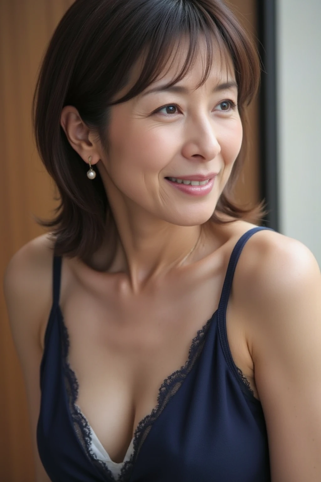最high quality, In 8K, Masseter region, Genuine, Sharp focus, high quality, High resolution, Detailed face, fine grain, Thick lips, Background Blur, alone, Middle-aged women, , 65 years old, , Wavy Hair, Cleavage, Wearing a plain short-sleeved knit, sitting on a park bench, Wrinkles around the eyes, Smiling with teeth showing