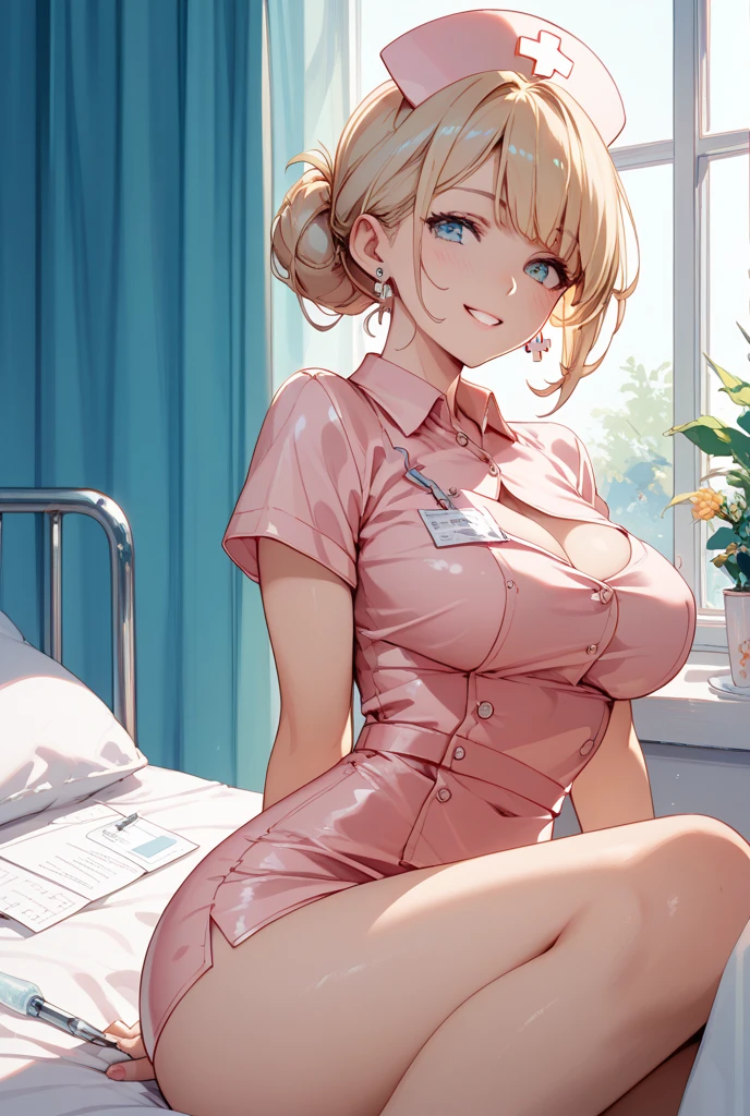 (masterpiece:1.2, highest quality), (realistic, photorealistic:1.4), beautiful illustrations, 
looking at the viewer, whole body, Front view:0.6, 
1 female, 23 years old, Japanese, ((blonde braided hair:1.5, short hair:1.5)), blown hair, bangs, hair between eyes, ((Height 162cm, medium breasts, thin waist, peach butt)) 
beautiful hair, beautiful face, beautiful and detailed eyes, (brown eyes:1.3), beautiful clavicle, beautiful body, beautiful breasts, beautiful thighs, beautiful feet, beautiful fingers, perfect anatomy:1.3, perfect anatomy
(hospital room)
((pink nurse uniform:1.5, choker:1.6)), white panties, 
((Grasp the hem of the skirt with your right hand, Put your left hand on your chest, sit with legs apart:1.3)), 
(Look at the viewer while blushing:1.3)