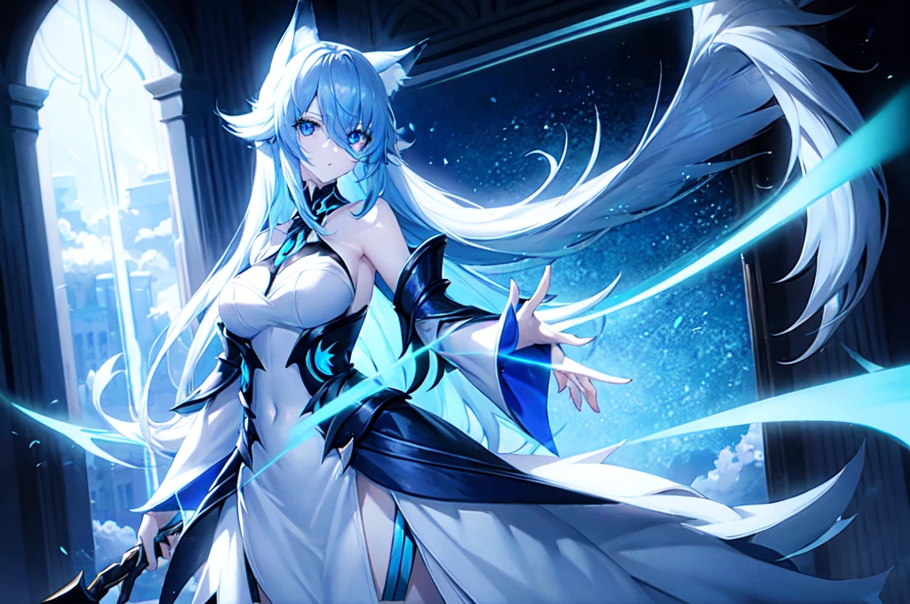 Long gray hair、Cat ears are big、Yellow goggles on forehead、Wearing a blue cloak、Decorate a lot of shining swords on the back、busty lady、A pirate with a very strong and cute appearance、Rainbow Bridge in the sparkling starry sky、Pray with both hands、sad Facial expression、Holding the Sword of Light in His Right Hand