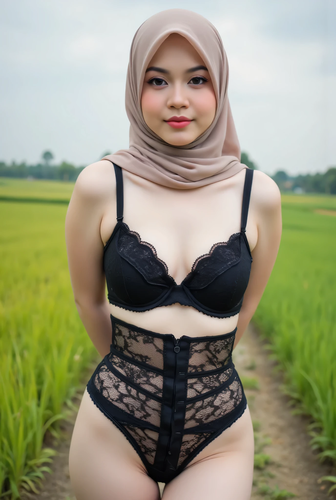 (Shree Sexy black Lace Garter Belt) closed my center, Tetek besar melayut, hijab hijab hijab hijab, (photorealistic:1.6), background rice paddy. daytime atmosphere, don't put any rope! flat chest!, duduk di atas kerusi kaca, hands behind back while legs astride, view from front, (Singlet ruffled)