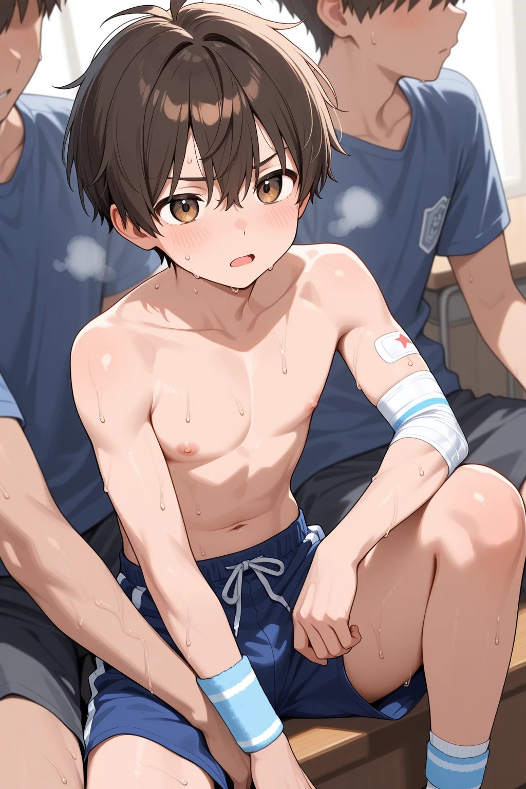 (Defeated hero being violated by multiple machines)Multiple mechanical arms、Shota、Nipples、Red Hero Suit、Tight hairstyle、Brown Hair、Intense ejaculation、Ahegao、Erect penis、((rape、Intense 、A lot of semen、))(((handjob,grabbing another’s breast)))