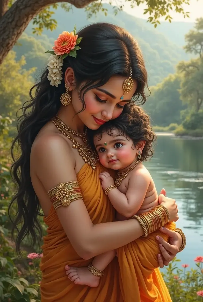 A heartwarming image of Yashoda and Krishna, the divine child, sharing a special moment. Yashoda holds Krishna securely in a stylish buckle baby carrier, with Krishna facing forward and taking in his surroundings
