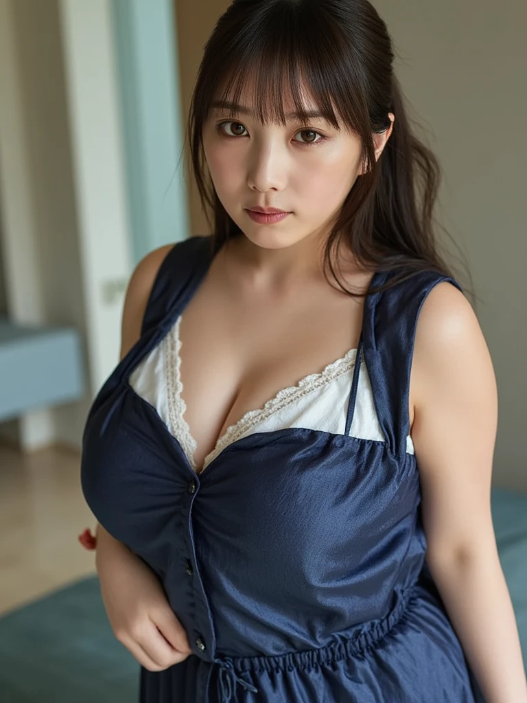 Beautiful, daughter-in-law, japanese, voluptuous, smocked dress, in the room, sexual expression, Netorare