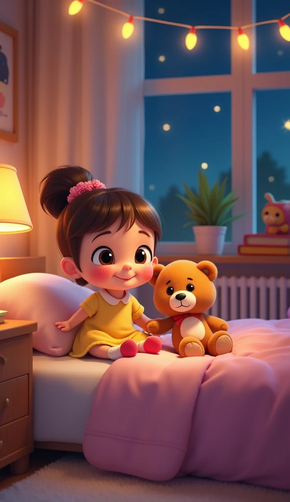 white skin, straight brown hair, eyes black, PLAYING WITH DISNEY STYLE DOLL. animation