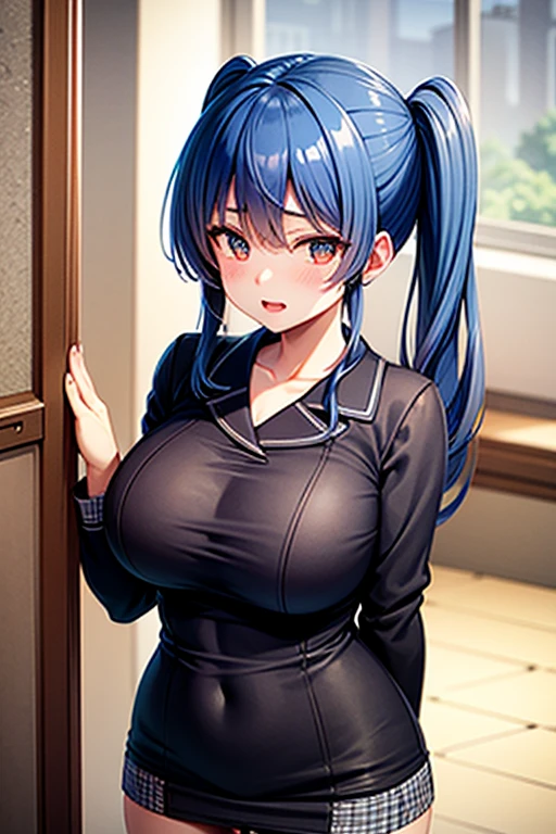 ((Masterpiece, Best Quality)), High Resolution, (1 person), ((Female Teacher)), Black Hair, (OL)), Bangs, Big, (Breast Augmentation), Slim, Sexy, Spiteful Smile, [Wide Hips], Classroom, Standing, Seduction, Blushing, Frontal, Watching Viewer, Face Up, Face More, Upper Body, Sweat, Drooling, Black Suit, blue eyes, sexy