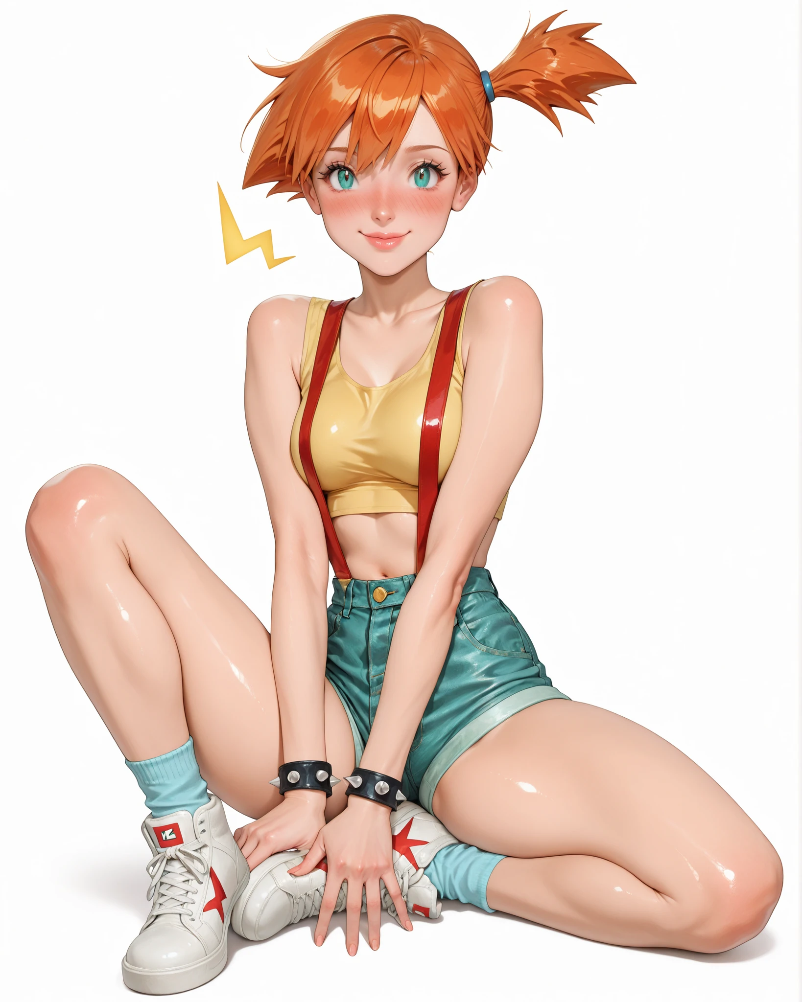 masterpiece, best quality, amazing quality, hyper-detailed,Pokémon Anime character ,Misty ,plump lips, shiny body , shiny lips, , slim , body , sexy figure , medium chest ,perfect fingers:1.3,looking at the viewer, full body view , full frame , full length , nose blush , blushing ,smile , perfect fingers:1.3,wearing a Yellow cropped tank top, red suspenders, high waisted teal green denim shorts, rolled cuffs, white sneakers , red and yellow lightning bolt designs , light blue socks, bright orange hair color, side ponytail gathered high on right side of her head, spiked at the ends,jagged, side- swept bangs, both knee up , white background