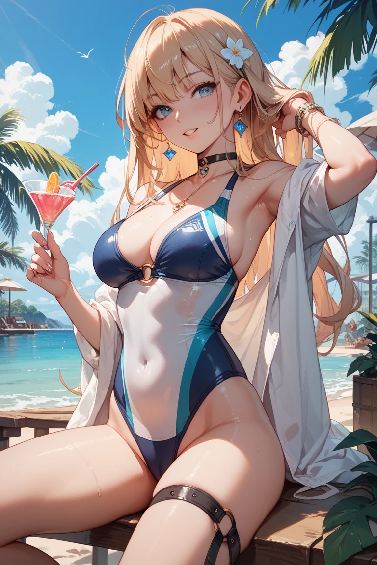 blonde very long hair, red eyes, wearing a sexy blue bra, ultrasharp, looking at the viewer, ((best quality)), ((masterpiece)), (detailed), perfect face, big breast, sexy body, with hearts and sparkles floating around her as she stands in a pool of water