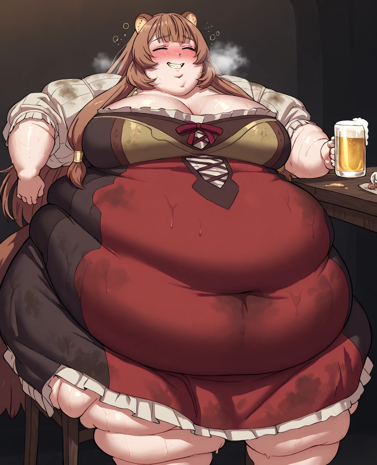 (masterpiece, best quality), 1girls, big belly, blurry background, huge belly, art by kipteitei, round belly, chubby, curvy, white button-up shirt, skirt, thighhighs, simple_background, gradient_background, belly bursting out of shirt, belly grab, enormous belly, fat belly, thicc, bigger belly, sitting on chair, really big belly, jiggly belly, shirt covering belly, belly cover by shirt, glasses