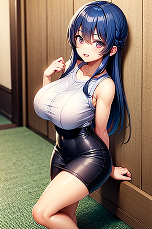 (((both hands)))、(8K, Highest quality, masterpiece:1.2),\(Narrow eyes),(\(Garment Details\)\),Cowboy Shot,(Huge breasts) ,Very detailedなCG Unity 8K 巨大なファイルサイズ,Very detailed,High resolution,Absurd,Beautiful Eyes,Ray Tracing,Dramatic Shadows,finely,Hyper Detail,(1 Girl:1.3),(alone)、(Blue long hair)、Beautiful Hair、((cheerleader cosplay))、((Latex Topini Skirt))、blush、Sweat、Thick thighs、hot、((Haa))、((Simple Background))、Face the front of your body towards the viewer、Wide Hips、sexy、Very wet、Surprised expression、 A little plump、((Voluptuous body))、A view from a little below、With pride、(((Spread your legs wide)))、(Squat)、(look forward to)、((Knee socks)),(Please put your hands behind your head)、27 years old