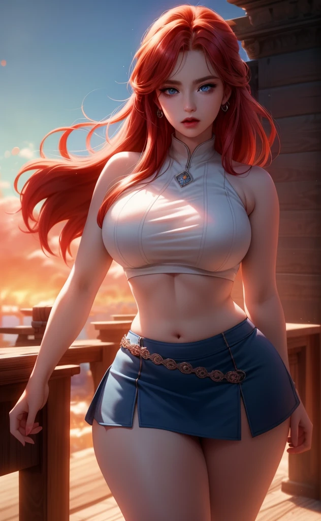 Young woman, slightly tanned, short crop top(dark blue), underboob, long legs, high heels(red), blonde long hair(open, one braid over the shoulder), miniskirt(black), at a small stream, tattoo, red lips, arms stretched in the air,