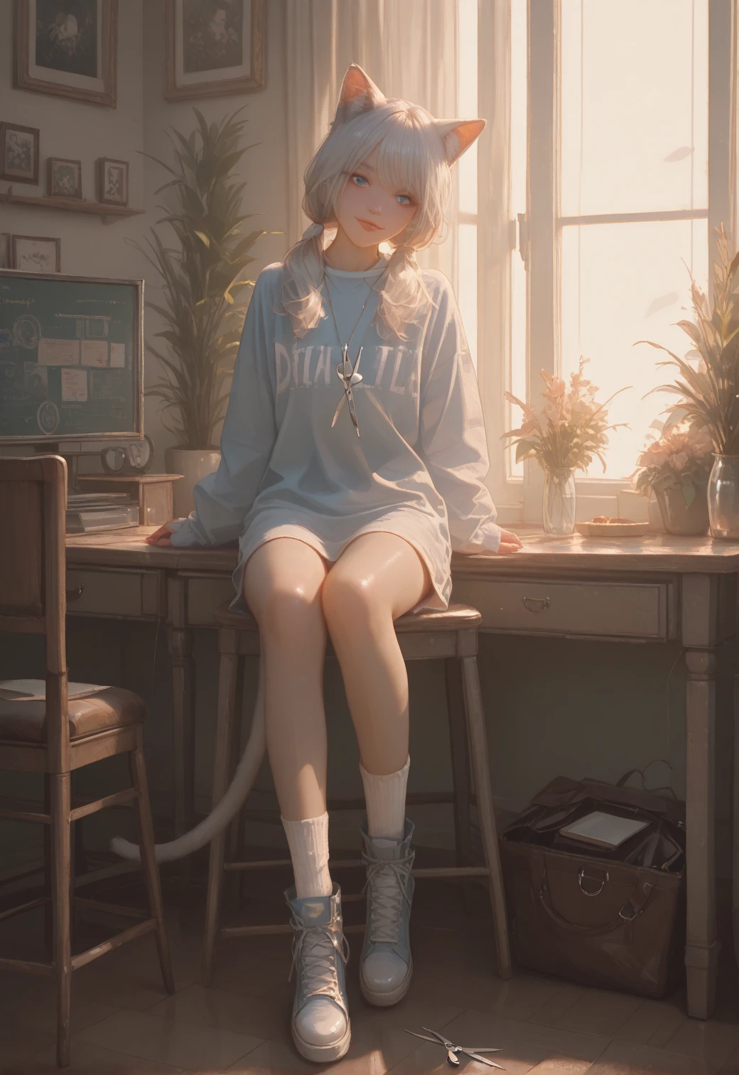 Melancholy lighting, Take it easy, calm, shine, masterpiece, best quality, 1 girl, (JinxLol: 1.2), (ultra photorealistic: 1.3), (masterpiece: 1.4), best quality, ((realistic)), high quality, Ultra Detailed, ((real image)), ((realistic skin)), ((realistic face)), (illustration: 1.05), (beautiful: 1.05), (beautiful detailed eyes: 1.05), (exposing big boobs:1.0), (cinematic light: 1.1), full body, accurate proportions, 25-year old girl, CURVY model (wearing sexy lab coat), (wearing colorful micro dress:1.2), ((sitting on edge legs spread showing panties:1.2))waves, BLOND hair fluttering in the wind, long legs, slightly open feet, butt, blushing, shyness, clavicle, abs, double texture, beautiful and delicate face, fair skin, real skin, (face detail), couples, super high res, 8k, parameters Best quality, masterpiece, super high res, (Realistic 2.0), more details, detailed skin, wide smile, white teeth, VOLUMINOUS GINGER BLONDIE hair, perfect and well-drawn eyes, girlfriend, cute, pretty, studio illumination, (modern laboratory surronding:1.2), (((PERFECT EVEN EYES:1.4)))