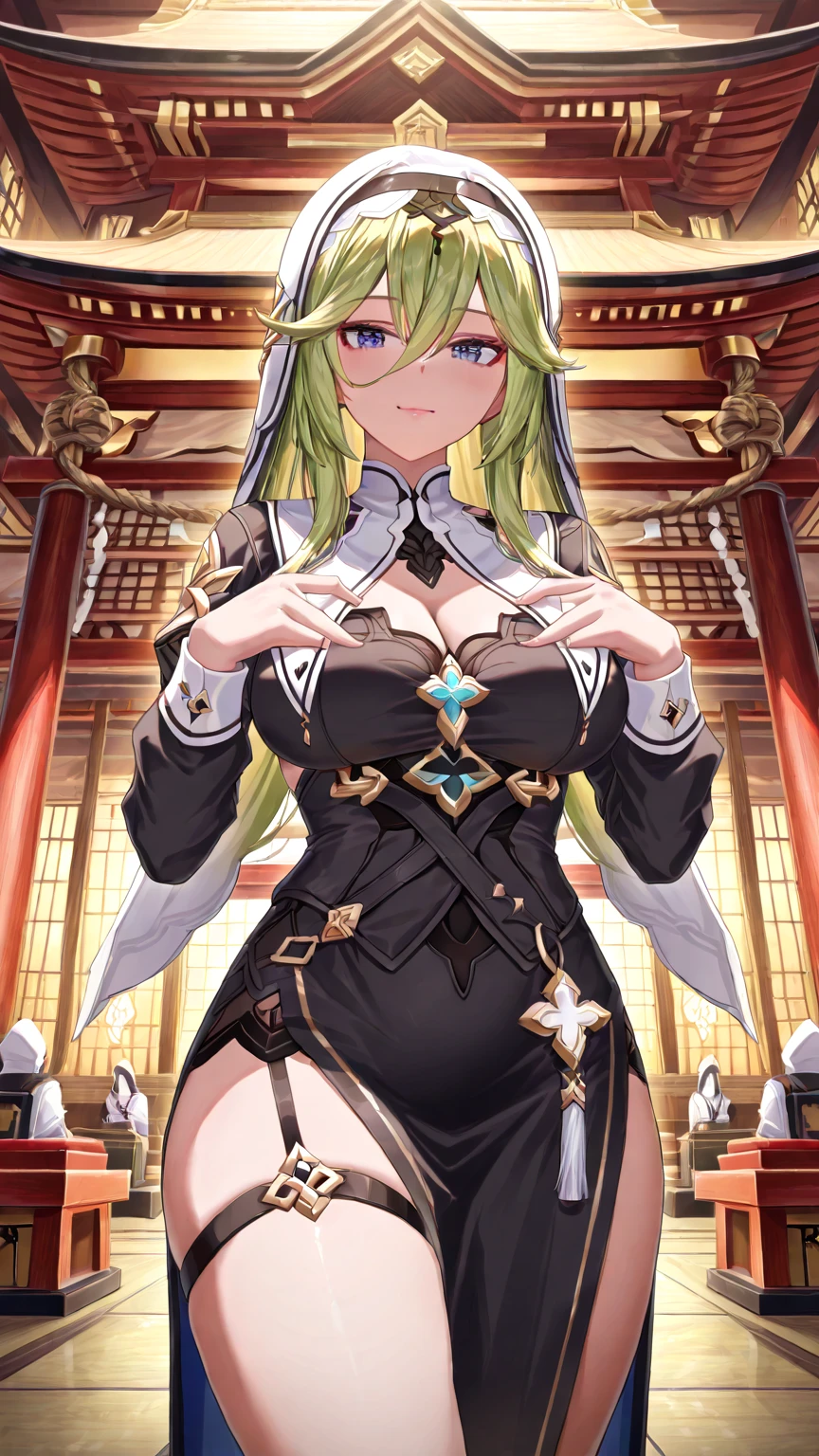 ((Best Quality)), ((Masterpiece)), (detailed), perfect faces, blonde hair, large breast, sexy, green bra, green lingerie, green underwear, cum in pussy, breast milk, angel wings