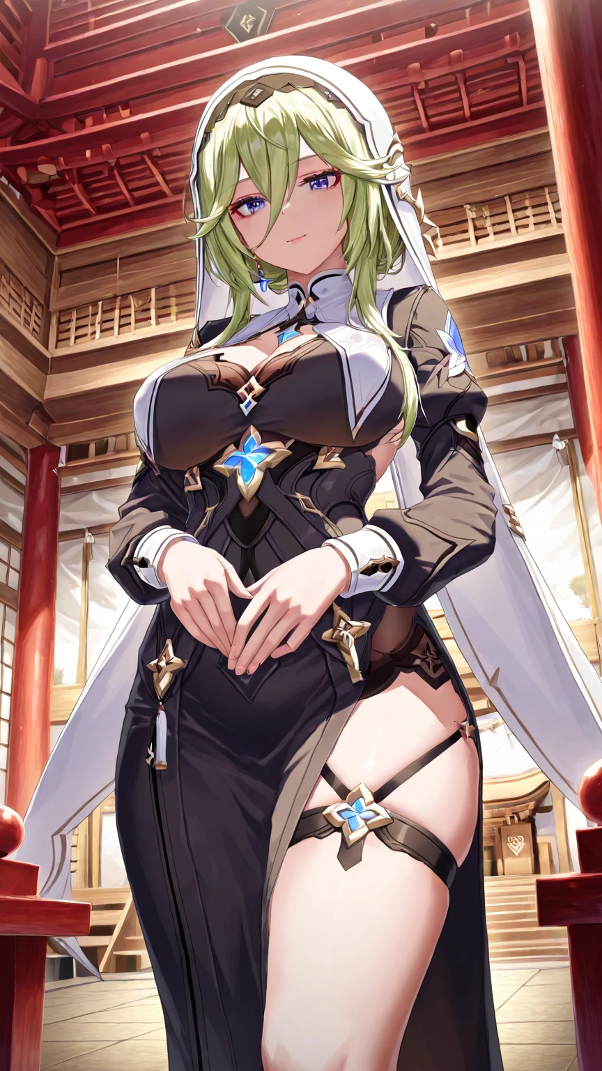 score_9, score_8_up, source_アニメ,Big Breasts,kiwi-default,purple eyes,empty eyes,grey hair,,stockings,High leg,latex,tie,garter belt,High heels,Nipple Covers,shame
