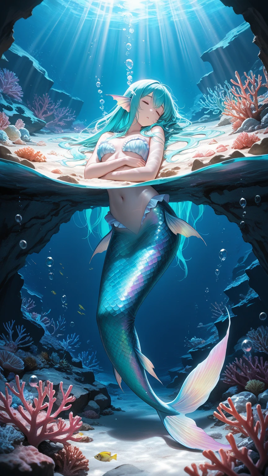 (best quality, highres), ultra-detailed, realistic, underwater themed, portrait art, vibrant colors, sparkling highlights, soft and ethereal lighting, mermaid sitting on a rock, water flowing around her, dark and mysterious background, scales shimmering under the sunlight, intricate scales on her skin, Dark skin, intricate patterns on her tail, water droplets glistening on her body, intricate and detailed ear fins resembling seashells, long flowing hair with hints of red, cascading down her back, seductive expression, alluring eyes with bright amber color, plump lips, curvaceous figure with an hourglass shape, long black nails with a glossy finish, dark and sultry makeup enhancing her features, captivating and enchanting presence, a sense of tranquility and serenity, mermaid tail, Scales for her body.