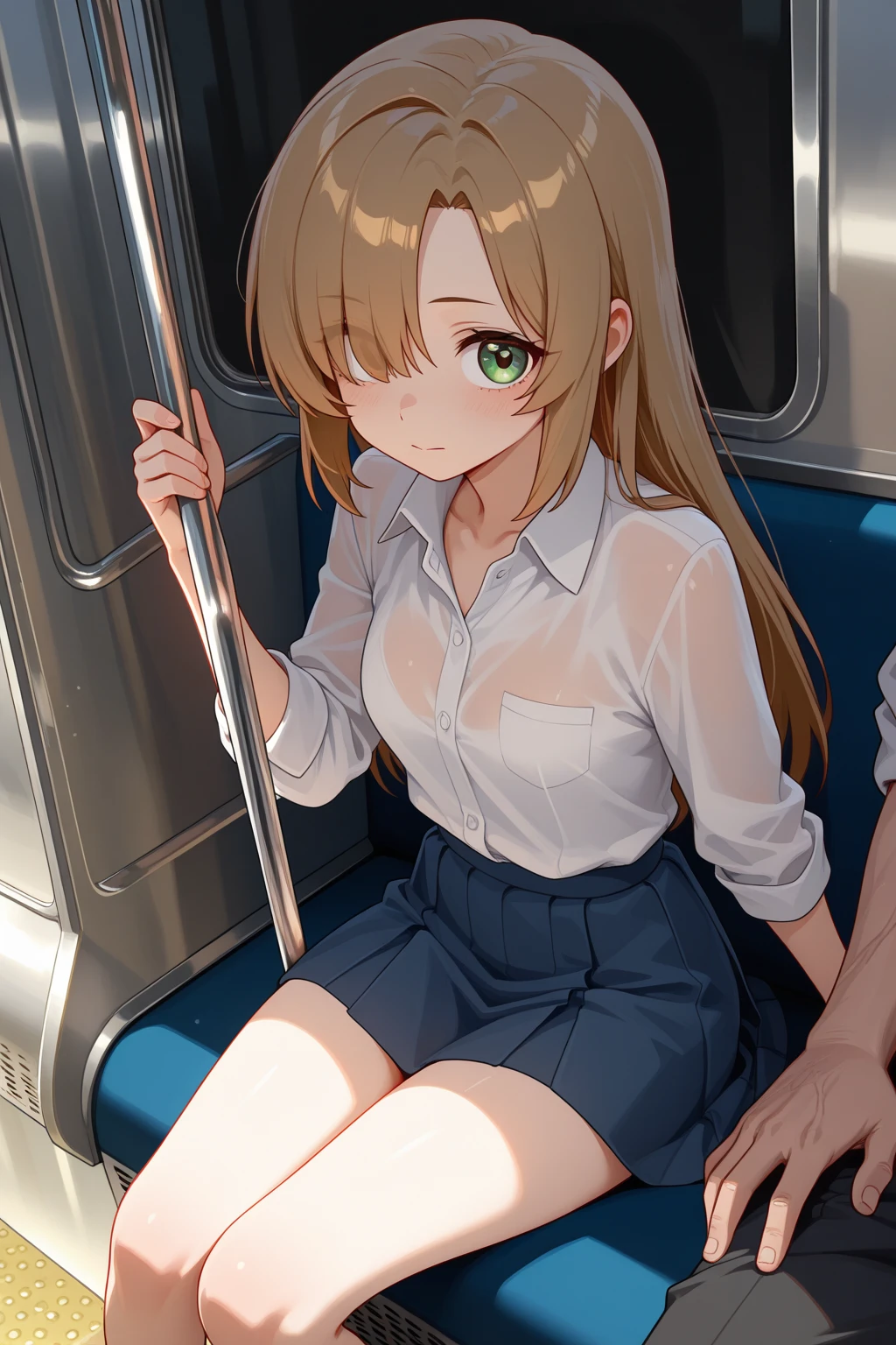 NSFW,masterpiece,highest quality,High resolution,anatomically correct,Fiami,Dark-ish,Yaminor,1 girl,long hair,solo,hair ornaments,two side up,blonde hair,red eyes,small breasts,hair ornaments,school uniform, hair ornaments,skirt, red eyes, thigh strap, sweater vest, 格子縞のskirt, plaid socks,molestation,My butt is grabbed on the train,My breasts are being fondled by a man,My pussy is being touched,shy,sex,立ちバックsex,Creampie,Being penetrated by a man from behind,sexual treatment,sex slave,(Sweat:1.5),