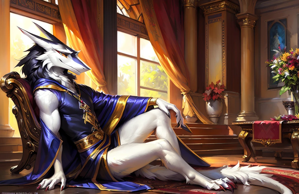 Bionic Dragon，White dragon，White Hanfu，Anthore，Sitting by the window of the apartment，HD graphics，Detailed and realistic，high detal，high qulity，photo-realistic，photorealistic eye，Detailed paws，Clear eyes，Masterpiece artwork，Five-fingered hands，top-quality，32K，hyper HD