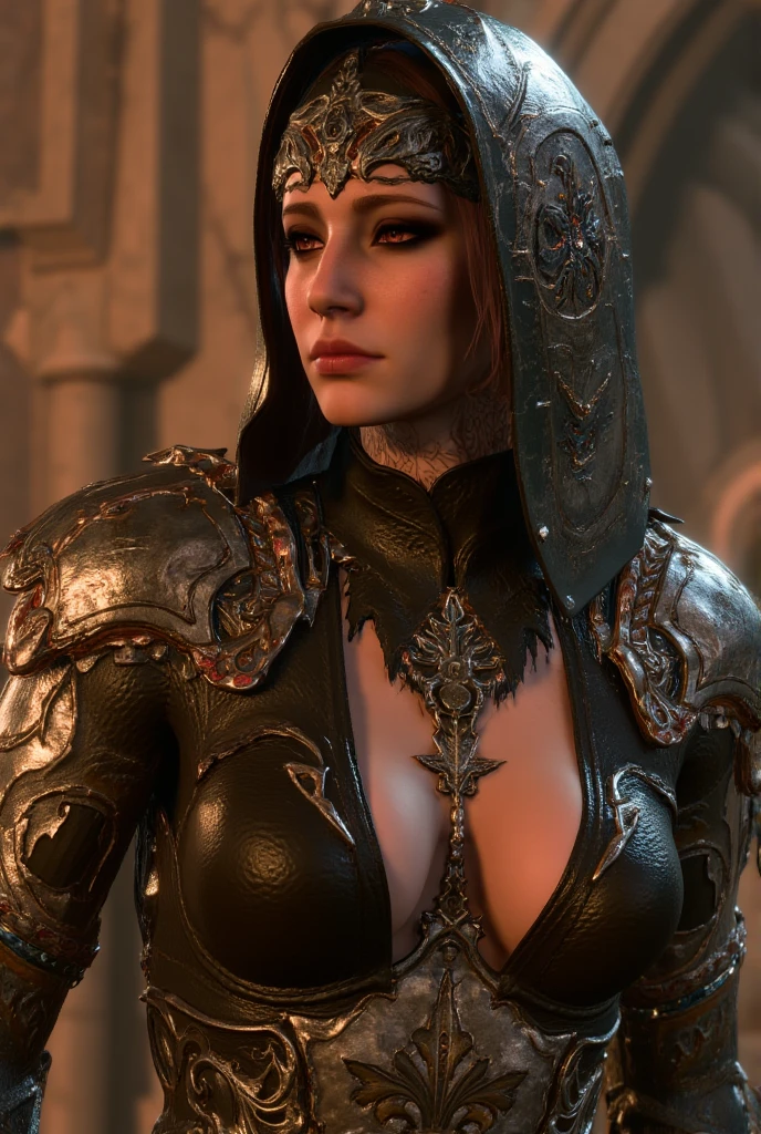 A beautiful, powerful ancient Greece warrior woman with expressive eyes, a perfect face, and highly detailed features, massive perfect breast, ((deep cleavage)), ((magical fantasy background)),muscular body,wearing a dark, dramatic fantasy-inspired outfit with black and gold accents, deep cleavage, and a massive bust, set against a dramatic, gloomy foggy night,