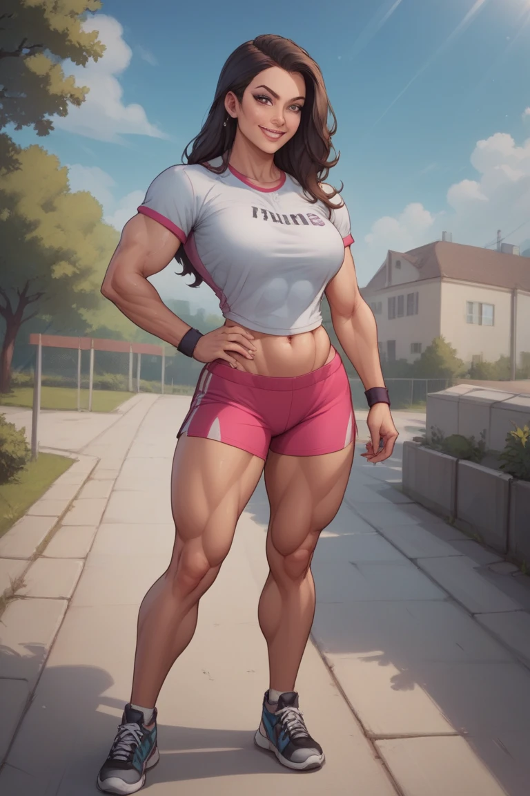 tanned Brazilian woman, dark-skinned girl, Two girlfriends, muscular legs, muscular calves, Strong legs, muscular hips, wide thighs, Curvy hips, high-heeled sandals, tights in a net, Stiletto heels, Women's business suit with short shorts, large ring earrings, He really wants to pee, running through the park, Leg by foot, wants to pee, desperately wants to pee, wants to urinate, An expression of shame on his face, confusion, crying, He pinches the crotch with his hand, Palm on stomach, crumples the hem of the skirt with his hands, Knees clenched, Hips clenched, Tense posture, bites his lower lip, full bladder, terribly wants to go to the toilet, anatomically correct, Realistic,