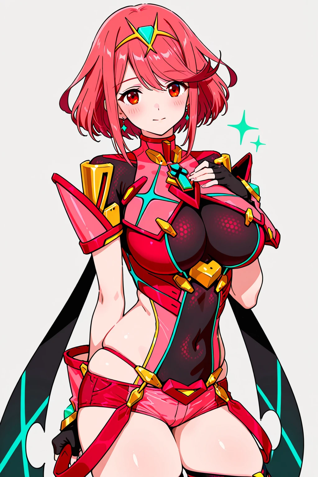 pyra \(xenoblade\), teen_1girl, , bangs, black gloves, breasts, red eyes, shout, earrings, eyelashes, fingerless gloves, floating hair, , gem, gloves, hair ornament, headpiece, jewelry, big_breasts, leaning back, swimsuit, neon trim, official art, pose, red hair, saitou masatsugu, short hair, sidelocks, skin tight, solo, swept bangs, thighhighs, tiara, fantasy_town_background, underbust, xenoblade chronicles \(series\), (xenoblade chronicles 2), (spread_legs:1.1), fire_effect,dynamic_pose,fighting,light_smile, (plump:1.1), big_ass,huge_sword, hold_large_sword_hilt, covered_nipples, covered_pussy, fists,ponytail,beautiful_fingers,(solo:1.1), bare_shoulder,(shoulder_naked:1.2)