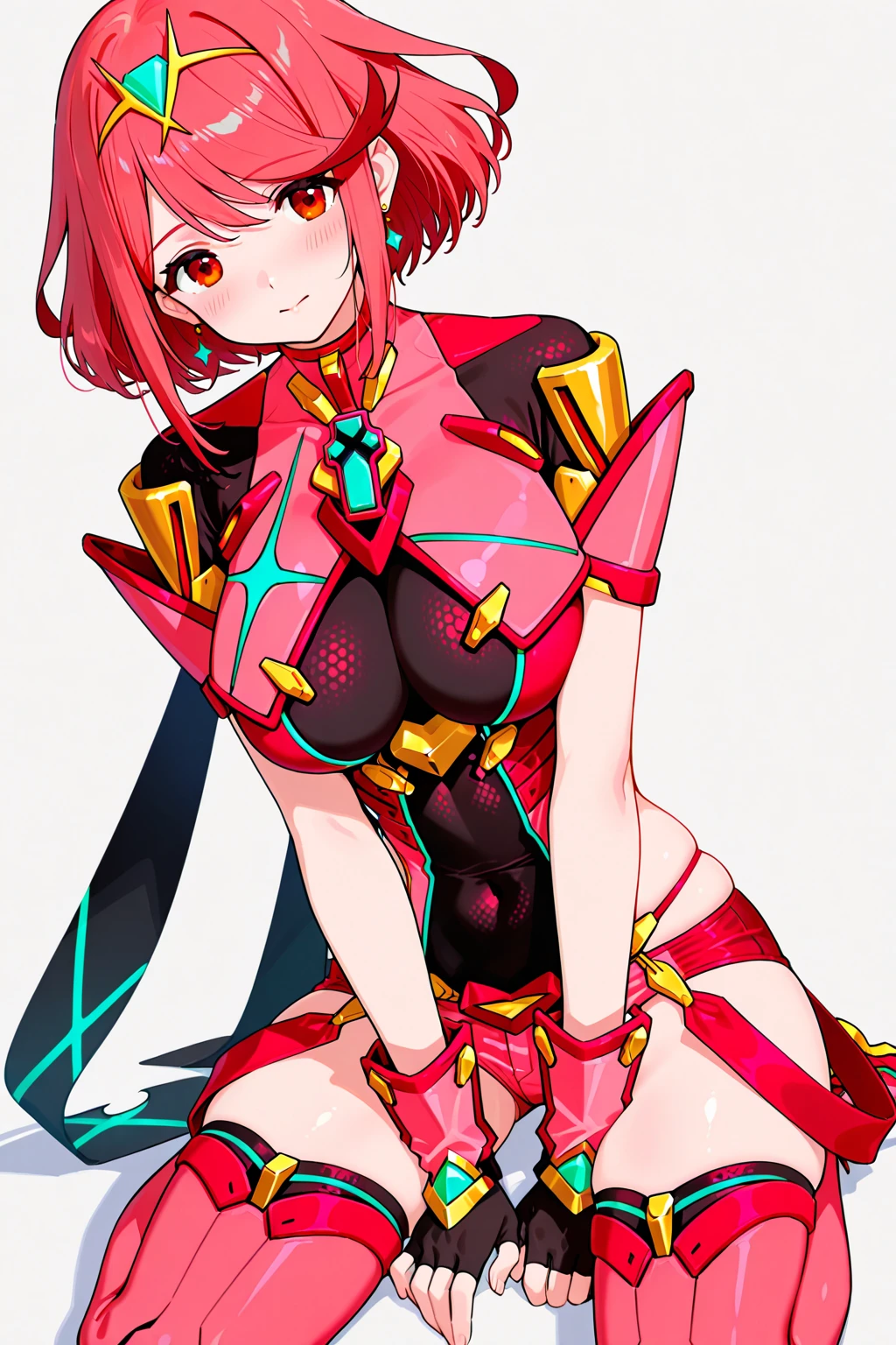 pyra \(xenoblade\), teen_1girl, armor, bangs, black gloves, breasts, red eyes, closed mouth, earrings, eyelashes, fingerless gloves, floating hair, framed breasts, gem, gloves, hair ornament, headpiece, jewelry, big_breasts, leaning back, leotard, neon trim, official art, pose, red hair, red shorts, saitou masatsugu, short hair, short shorts, short sleeves, shorts, sidelocks, skin tight, solo, standing, swept bangs, thighhighs, tiara, night_prairie_background, turtleneck, underbust, vambraces, xenoblade chronicles \(series\), (xenoblade chronicles 2), apart_legs, fire_effect,dynamic_pose,fighting,light_smile, (plump:1.1), big_ass,huge_sword, hold_large_sword_hilt, solo, covered_nipples, covered_pussy,open_mouth,back_view, fists,