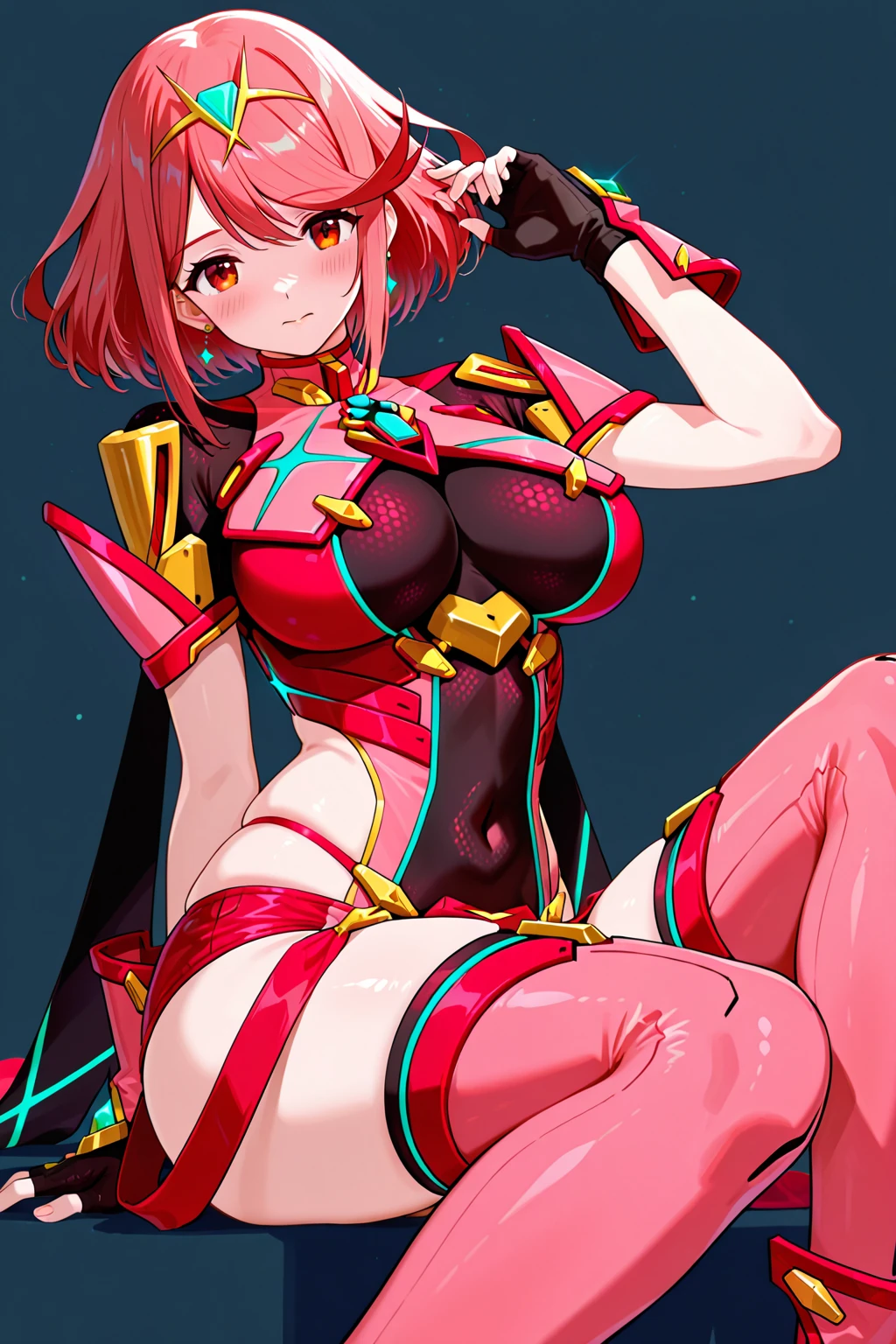 pyra \(xenoblade\), teen_1girl, , bangs, black gloves, breasts, red eyes, shout, earrings, eyelashes, fingerless gloves, floating hair, , gem, gloves, hair ornament, headpiece, jewelry, gigantic_breasts, leaning back, swimsuit, neon trim, official art, pose, red hair, saitou masatsugu, short hair, sidelocks, skin tight, solo, swept bangs, thighhighs, tiara, fantasy_town_background, underbust, xenoblade chronicles \(series\), (xenoblade chronicles 2), (spread_legs:1.1), fire_effect,dynamic_pose,fighting,light_smile, (plump:1.1), big_ass,huge_sword, hold_large_sword_hilt, covered_nipples, covered_pussy, fists,ponytail,beautiful_fingers,(solo:1.1), bare_shoulder,(shoulder_naked:1.2), nipple_jewel,back, back_view, focus_ass,ass, (very_short＿shorts:1.3),(lise_leg:1.4)
