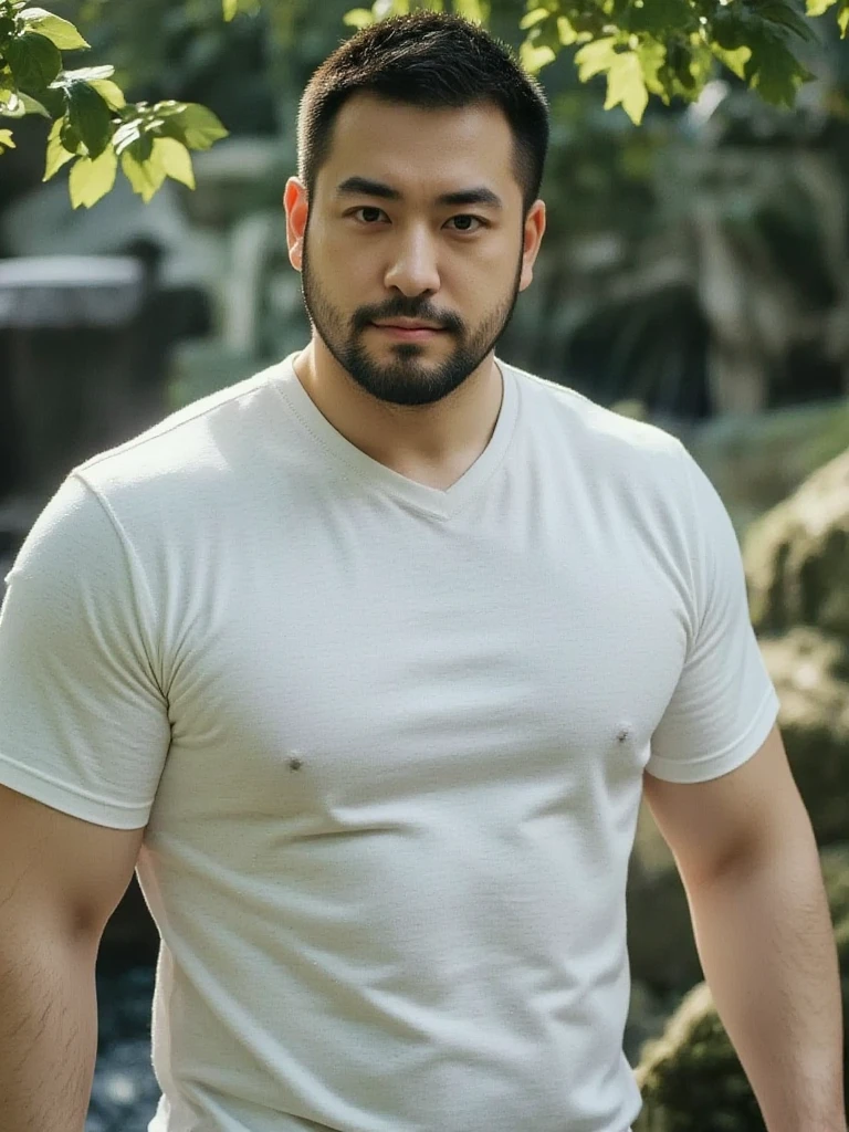 (masterpiece:0.9),best quality,1man,(looking at viewer),Very detailed manly face,heroic,detailed open eyes,facial hair,muscular,big muscles,massive pecs,hairy pecs,narrow waist and hips,(short hair),(slight smile),large pectorals,straddling,underwear,briefs,nude,naked,completely nude,walking pose,NSFW,detailed light and shadow,landscape,8K,HDR,outstanding works,outdoors,realistic,photography,(asian:0.5),bokeh,(ultra-realistic:1.4),film grain,Fujifilm XT3,