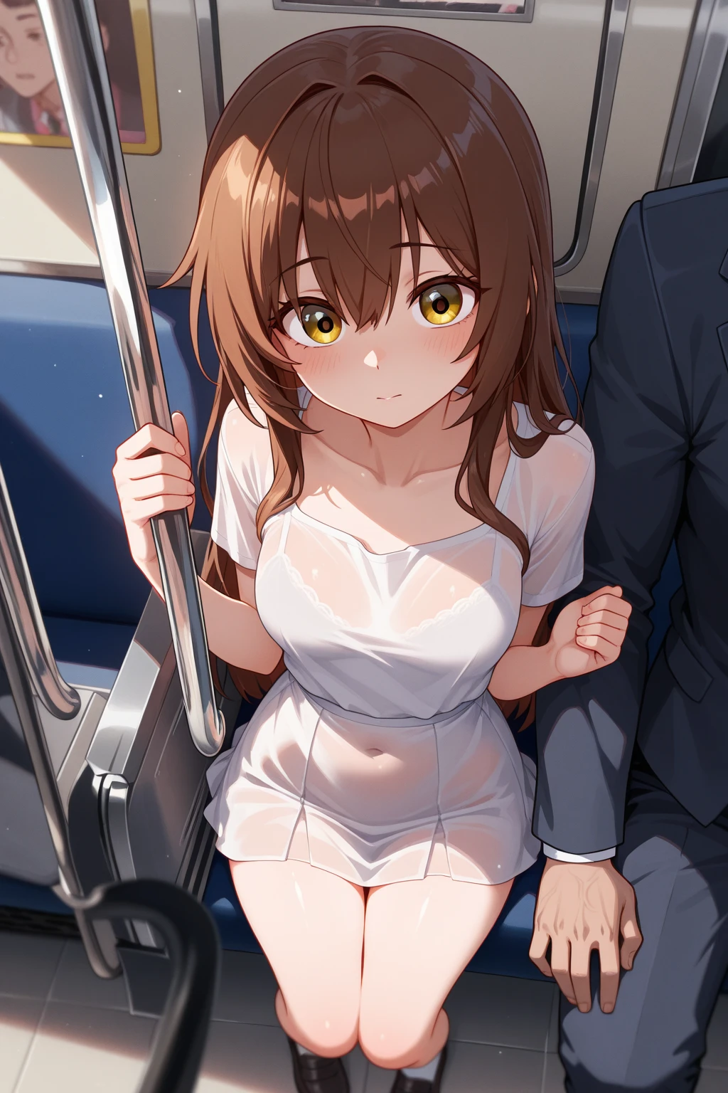 ((( in the train))),school girl, many men are 50years old, school girl is surrounded by men,((( molester))),( train),( huge breasts),( hands on own breasts),((( shirt lift , lifted bra))),(((( ugly man is grabbing shirt forcibly from behind)))),((( nipples))),(( upper body)),(( blush, surprised)),open mouth,(( looking down)), (( ugly man is standing behind the girl)),(((( ugly 50years old man is grabbing breasts forcibly )))), ((( rape, skirt)))、(((Filmed by a TV camera)))