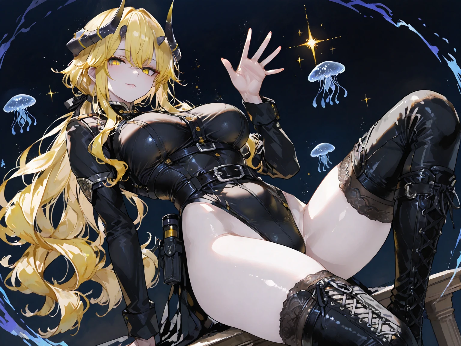 masterpiece, best quality, 1lady, female knight, mini skirt, torn clothes, stripe pattern panties, ponytail hair, blond hair, large breast, large butt, black stocking, cleavage, thighs, blue eyes, smile, shy, blush, sweat, open mouth, full body, sex, defeat by tentacles, tentacles crawling around body, tentacles insertion, tentacles rape, spread legs, in the cave,