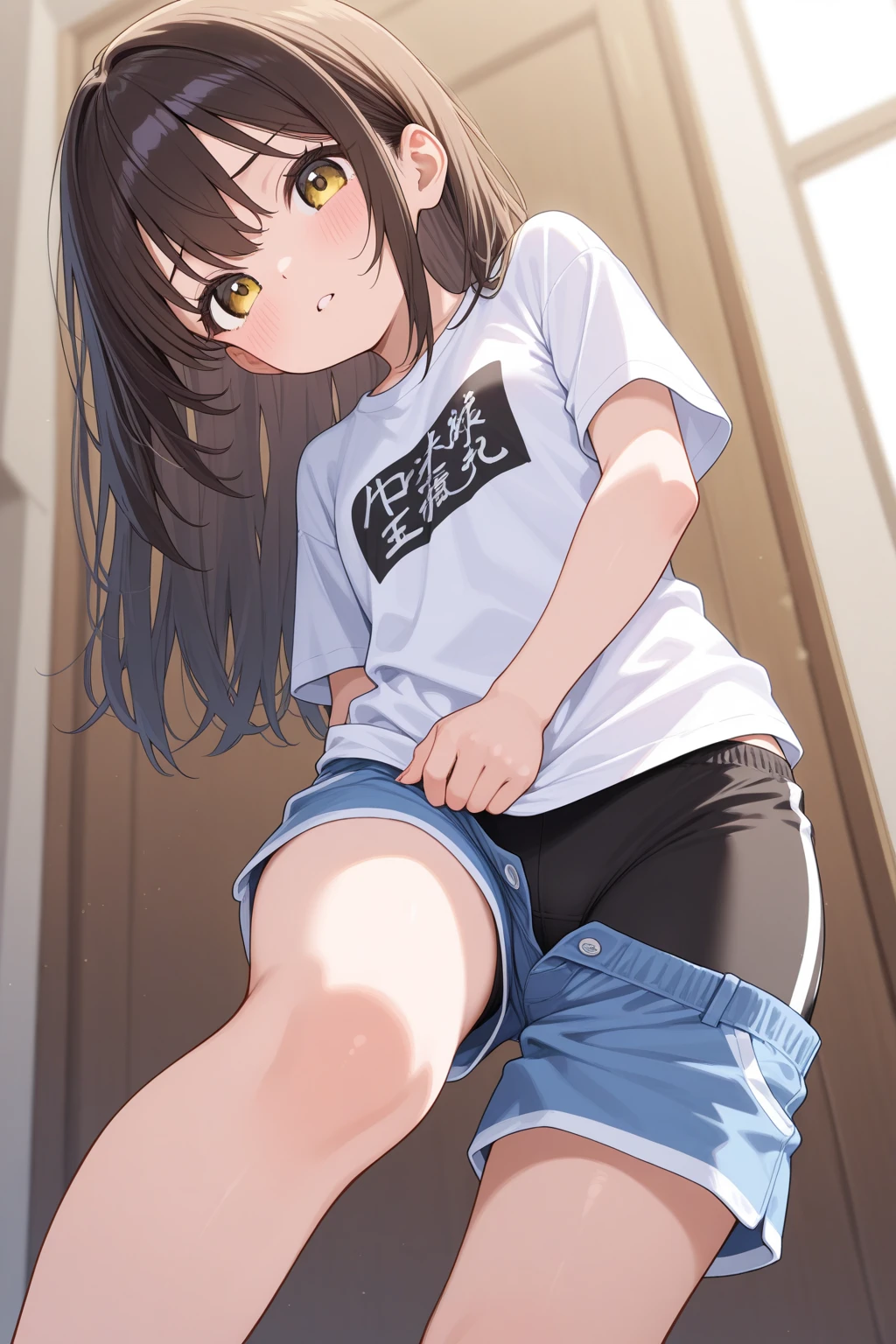 ((masterpiece,Highest quality;1.3,best illustration)),before rape,cowboy shot,1woman、独奏,25 year old beauty,((very small head:1.5)),dark brown hair,long hair,bangs,brown eyes,gorgeous eyes,blush,Scared,small breasts,((very long body:1.3)),((toned body,slender body,skinny)),gleaming skin,shiny skin,oily skin,(wet,Black zip-up hoodie outer jacket、White tight T-shirt、denim micro shorts)、White sneakers、kneeling,Inside the storage shed、at night、