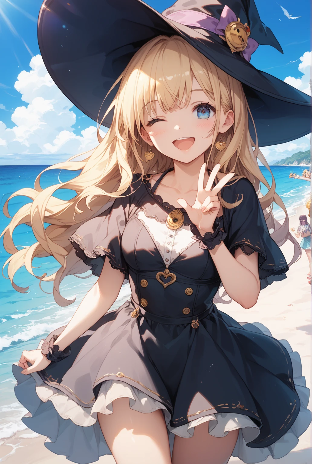 masterpiece, rich colors, Best quality, detailed, high resolution, Hyper quality, high detail, , high quality, detailing, skinny sexy girl on the beach , bright lighting , Brown eyes, Anime, palm trees, bright lighting, blonde,