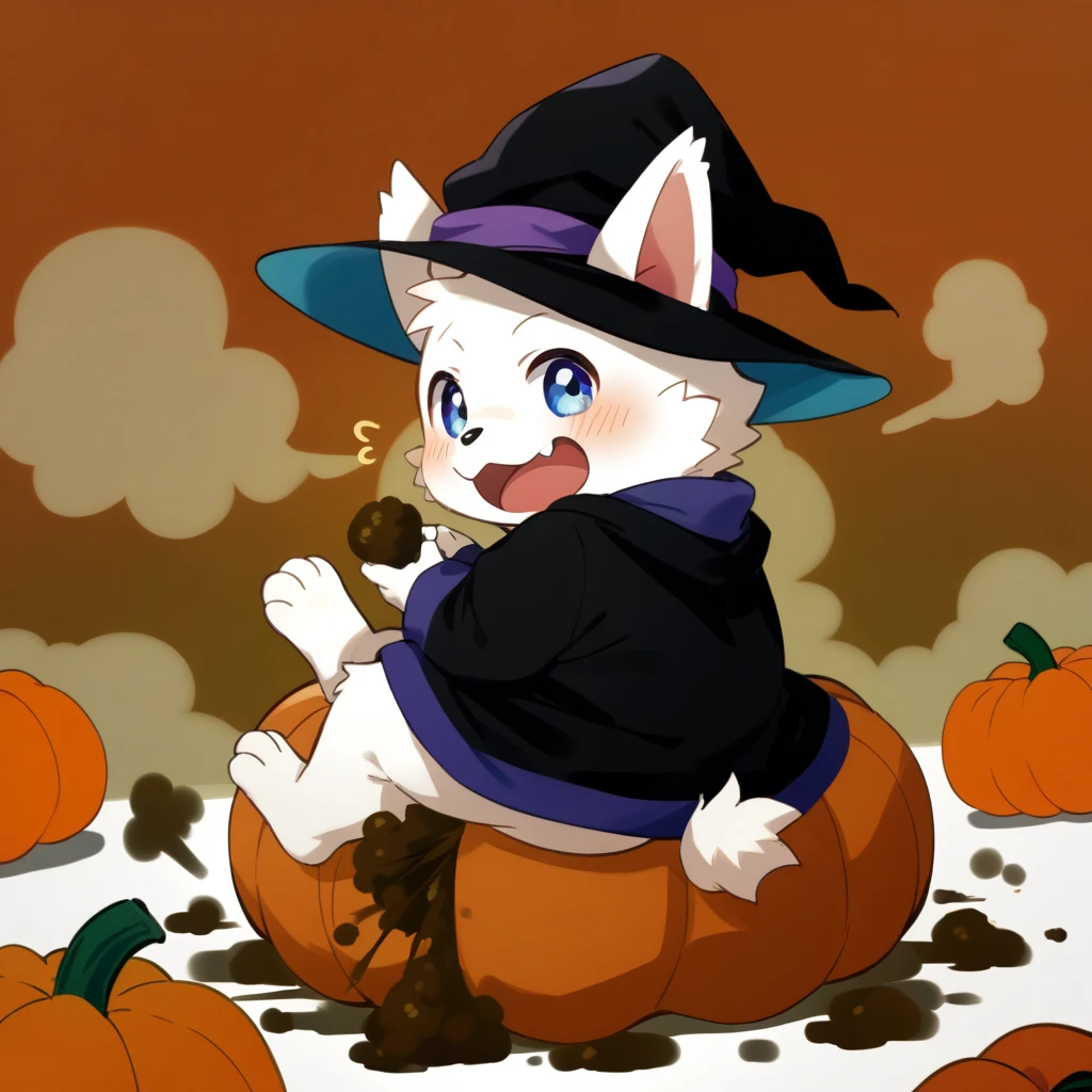 A white cat covered in bandages,The tail is in the right place,red pupils,Collar,halloween,nigth,pumpkins,Slime covers the body,Kneeling