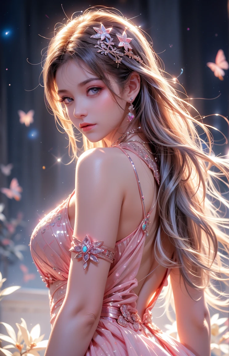 masterpiece:1.2, highest quality, 16k, perfect beauty, ultra-realistic, photorealistic:1.37, beautifuldetailed:1.2, (The light trail of large fireworks lights up the night sky), (beautiful Translucent girl looking up at the sky), standing, beautiful delicate(hair, face, long eyelash, eyes, pupils, lips), sparkling eyes, shining rosy lips, blushed cheek, lake:1.2, dynamic angle, back view