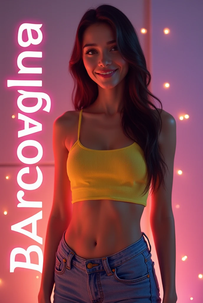 8k, masterpiece, RAW photo, best quality, photorealistic, extremely detailed CG unity 8k wallpaper, Depth of field, Cinematic Light, Lens Flare, Ray tracing, (extremely beautiful face, beautiful lips, beautiful eyes), intricate detail face, ((ultra detailed skin)), ((1girl:1.9)), ((alone:1.9)), (walking-pose:1.6), ((17years old)), (beautiful and aesthetic:1.2), (big smile:1.4), deep shadow, (sharp focus), [((Priscilla-Langford:1.9))], pretty girl, (very slim slender fit-muscled body:1.9), (((Chic-style fashion:1.9))), (((sexy ((red:1.5)) clothes))), (((neon lights, colorful-abstract background:1.9))), (shiny skin), clear eyes, (pale skin), ((whole-body-view:1.9)), ((full-body:1.9, cinematic shot)), soft lighting, (flowing dark-black hair), (looking at viewer:1.8),  ((beautiful legs:1.2)), cleavage breasts, (large breasts:1.4), highly detailed, ultra realistic, extremely detailed and realistic ((red:1.5)) clothes.