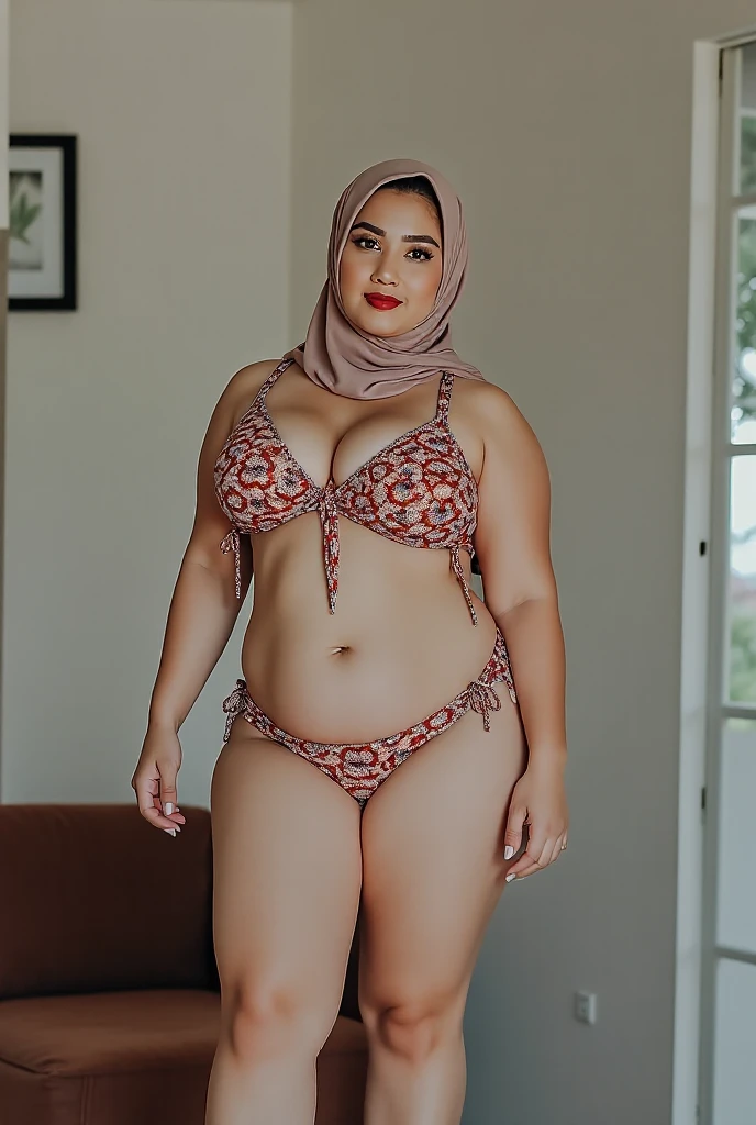 A vibrant, 20-year-old Afghan woman with a confident smile, embracing her curvy figure in a realistic depiction. She is adorned in a micro-bikini, which harmoniously complements her skin tone and showcases her chubby physique. Above her head, a colorful hijab is casually tied in a stylish manner, the ends of the fabric gently framing her face. The room she occupies is minimally furnished, with soft, warm lighting that highlights her features and casts a comforting glow on her surroundings. The walls are adorned with vibrant tapestries, reflecting her cultural heritage, while a simple yet elegant rug lies beneath her. The woman stands with one hand on her hip and the other holding a phone, as if she has just captured a selfie that exudes self-love and empowerment. Her eyes sparkle with a sense of freedom and defiance against societal norms, inviting viewers to celebrate her authenticity and beauty. Despite the stark contrast between her traditional head covering and the modern, revealing swimsuit, she stands tall, embodying a blend of contemporary fashion and personal conviction. Her stance and the intimate setting of the room suggest that she is in a private, safe space where she can express herself without judgment. The image challenges stereotypes and promotes a narrative of personal choice and self-expression, serving as a powerful symbol of the diverse and multifaceted experiences of women around the globe.