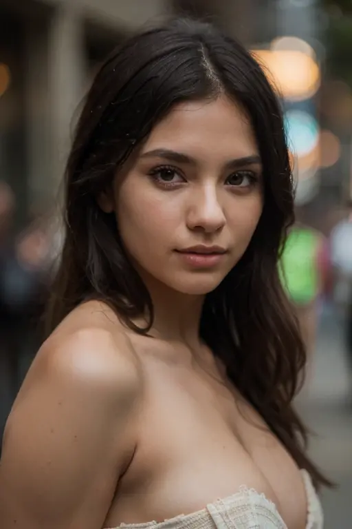 nudity, explicit] NSFW a lifelike woman, finely detailed, extremely detailed eyes and face and body, brunette hair, sharp pupils, full body, dynamic poses, walking in the city, curly hair, tan skin, straight teeth, cute feet, wearing a low cut outfit