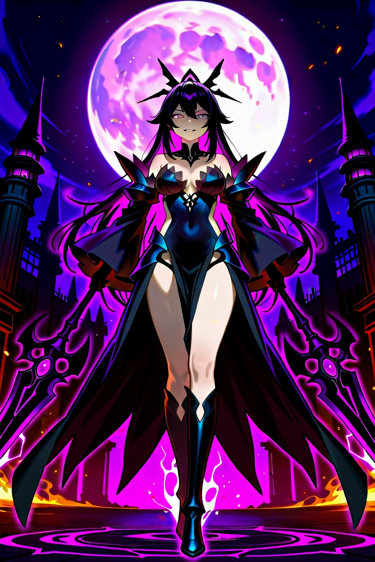 :cellshading:(anime)(manga)anime main character of a woman in a black dress, Dark witch, Astral Witch Clothing,pose (casting a powerful spell,  human :: sorceress, dark sorceress, [full body concept], anime woman, black fur wizard, witch clothes, emphasize pose and gaze, *magic skill fury ray*

