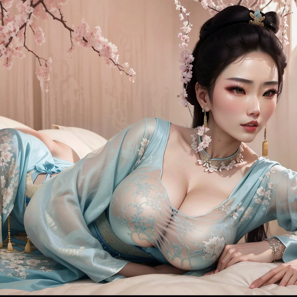 In the Qing Dynasty palace、Her breasts are large and her legs are spread wide、Bend your knees to make a V shape(Porn Pose)、Tying up your hair、She is shown in profile wearing a gorgeous Chinese empress's headdress.。In the background is the cobblestones outside a Qing Dynasty Chinese palace。