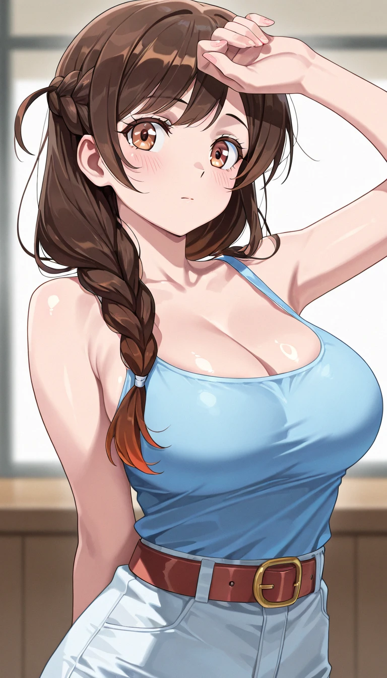 Highest quality, Soft Light, Ultra-high resolution,People Girls, alone, sexy, (Smiling), (Brown eyes), Beautiful face in every detail,(High resolution detail of human skin texture), (Brown long hair), break,Cheerleader, Blue sportswear,Blue tennis skirt,(Sweat:1.5),Sigh,Crossing your legs,Spread your legs,My leg is being grabbed,(After Sex:1.7),Outdoor,dance