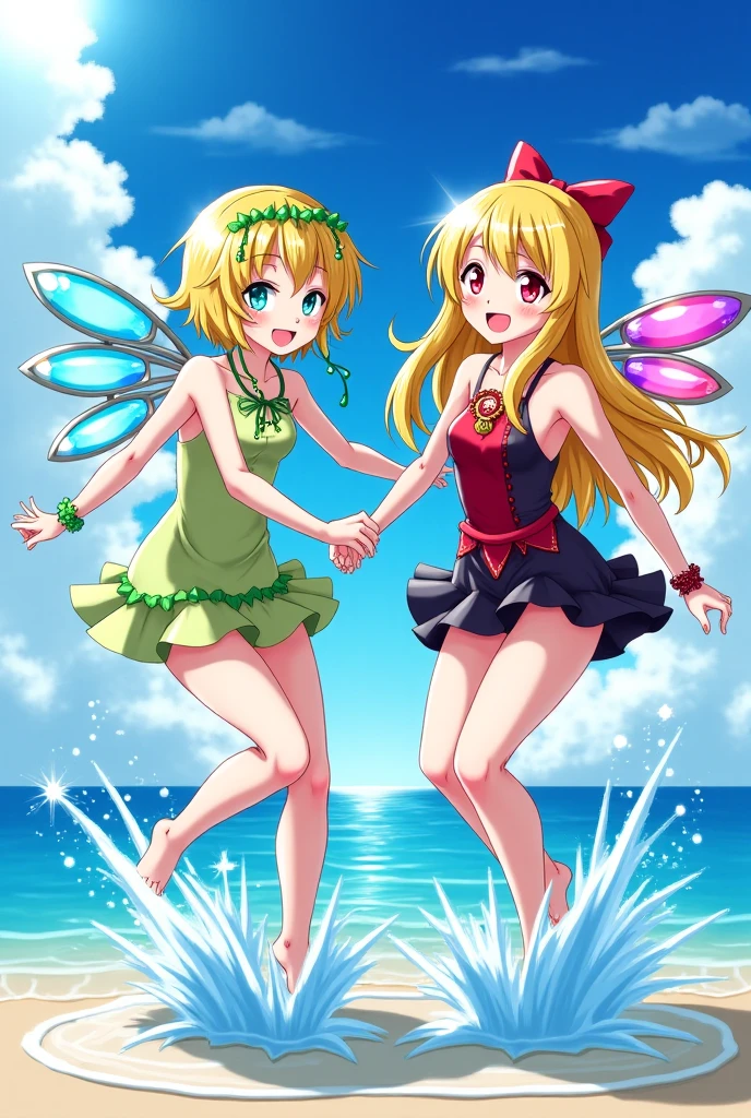 Two female elves，Bikini swimsuit，Same stature，Hold each other，The two bodies are close together，Kiss