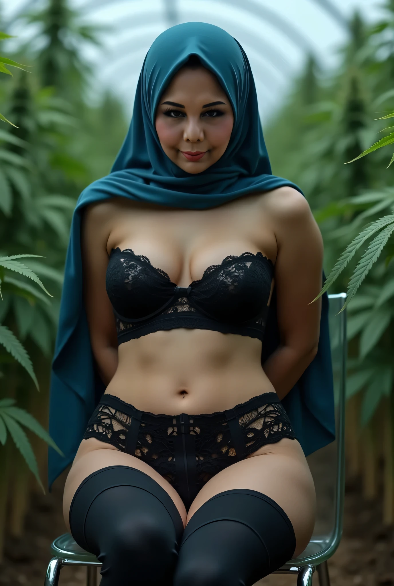 Young sweet beautiful Indonesian girl, 18 years old, slim body, very georgeus face, beautiful small breasts, under kidnaped in coconut plantation, wearing white dirty short hijab to covering all her hairs, a senior smart indonesian scout trainer at coconut plantation, a strong and humble girl, wearing khaki very dirty long sleeve all unbuttoned indonesian scout jacket, wearing dark brown folded up long skirt, wearing black sport shoes, very realistic, very detail face, very detail fingers, no cartoon, all good fingers have normal shape, normal legs shape, siting down unsecured limp lazy opened wide legs that tied on lazy chair in plantation zone, sun shining to her body, vagina and breast are exposed and visible, sweat on all her skins, many sweat flowing on her redish scared and exhausted face, bondage having being kidnaped, scared and exhausted wet eyes, very frightened and exhausted face, her dark hairy vagina exposed, very dense hairs under her stomach are visible, no bra, no panty, no underwear, nude, both her hands tied and cuffed backwards, she forced to take off her dress,
