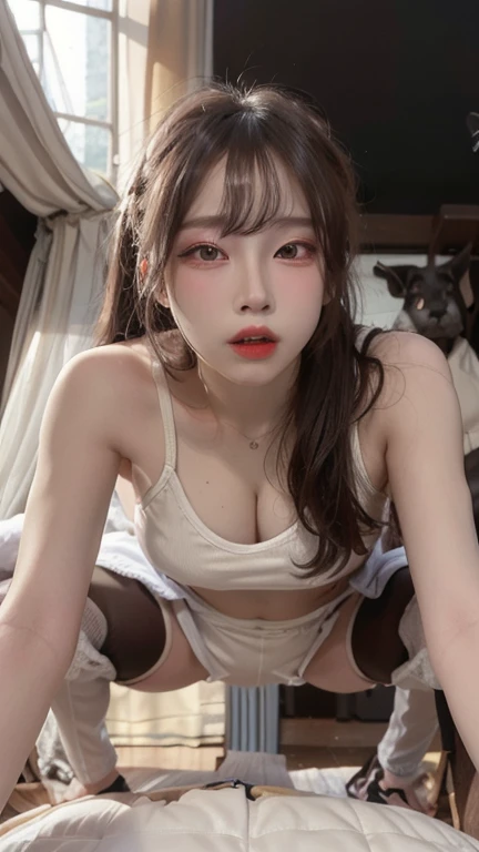a woman masturbating in little clothing, sexy face, full body, sitting on the floor, hyper detailed, photorealistic, 8K, high quality, hands on legs, hands between thighs, hand masturbating, cara de prazer, rosto age gap, dedos corretos, 5 dedos na mão